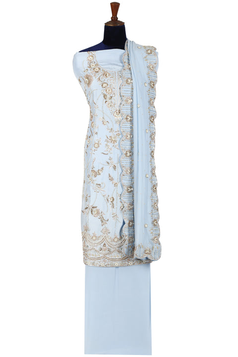 Soft blue embroidered unstitched set. freeshipping - Frontier Bazarr