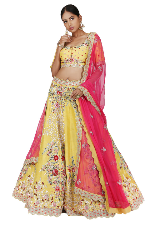 Lemon Yellow with Multi-colour Embroidered Lehenga Set. freeshipping - Frontier Bazarr