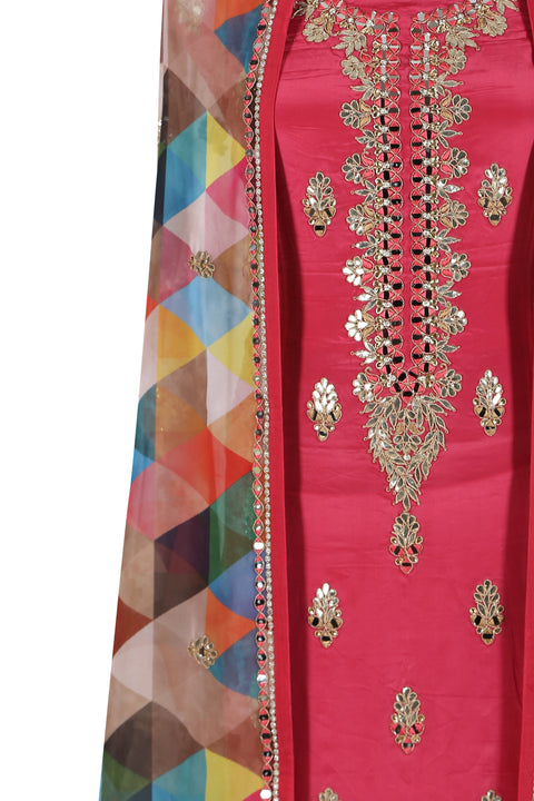 Pink Unstitched Set with Multicolour Dupatta. freeshipping - Frontier Bazarr