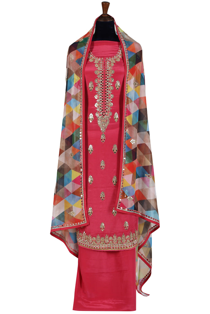 Pink Unstitched Set with Multicolour Dupatta. freeshipping - Frontier Bazarr