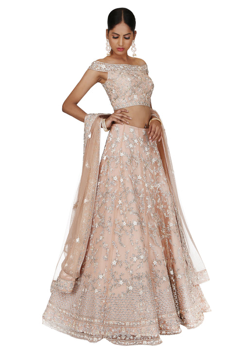 Dusty Pink Off-Shoulder Lehenga Set freeshipping - Frontier Bazarr