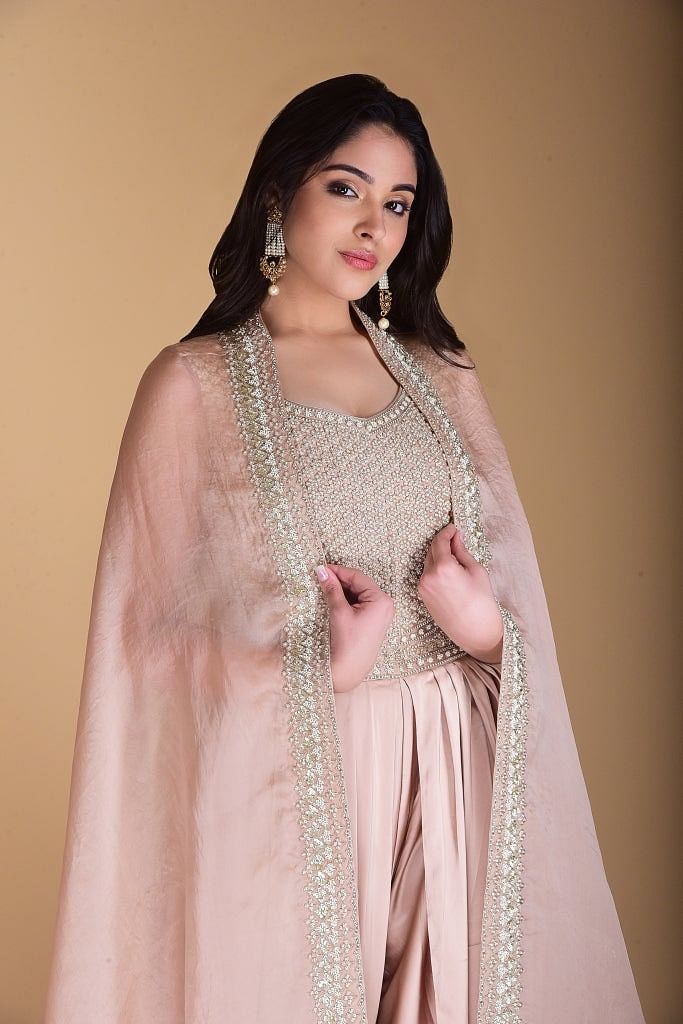 Light golden Crop top with Cape and Dhoti set. freeshipping - Frontier Bazarr