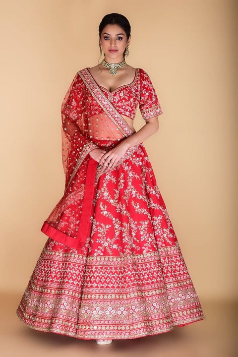 Vermilion Red Embroidered Lehenga Set. freeshipping - Frontier Bazarr