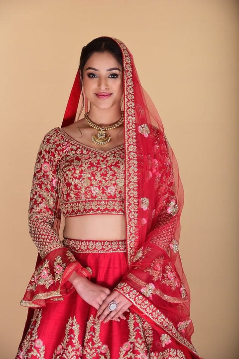 Scarlet Red Embroidered Lehenga set. freeshipping - Frontier Bazarr