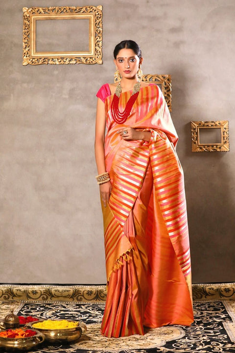 Peach kanjeevaram silk saree freeshipping - Frontier Bazarr