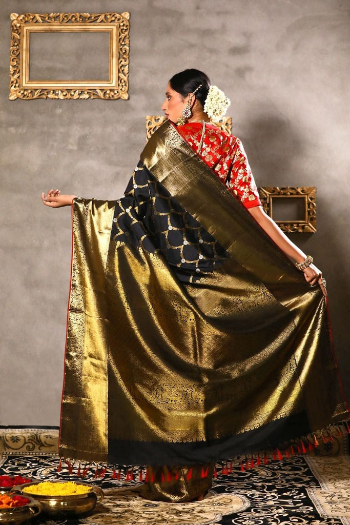 Black kanjeevaram silk saree freeshipping - Frontier Bazarr