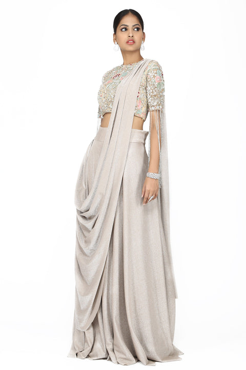 Silver grey pre-stitched drape saree. freeshipping - Frontier Bazarr
