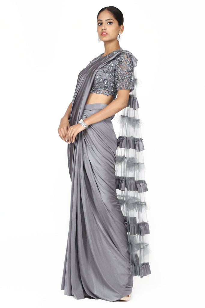 Metallic silver drape saree. freeshipping - Frontier Bazarr