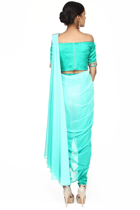 Turquoise blue ombre off-shoulder drape saree freeshipping - Frontier Bazarr