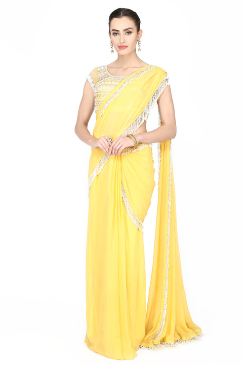 Lemon yellow drape saree. freeshipping - Frontier Bazarr