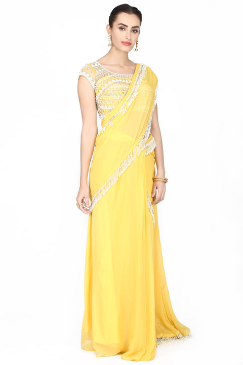 Lemon yellow drape saree. freeshipping - Frontier Bazarr